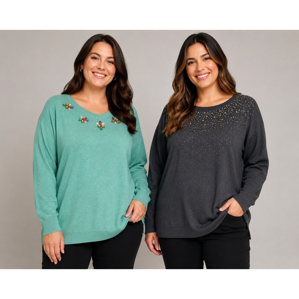 Merona Womens XL Embellished Sweater Bundle Green Floral Gray Rhinestone 2 Pack
